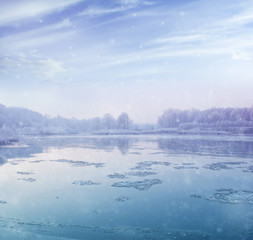 winter fairy tale landsсape with lake and snow