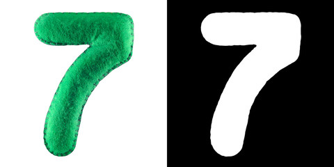 Hand made number 7 Seven from green felt. Set of numbers from colorful felt isolated on white with alpha mask