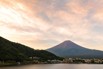 Mt. Fuji sunset in autumn at Lake Kawaguchiko in Yamanashi, Japan