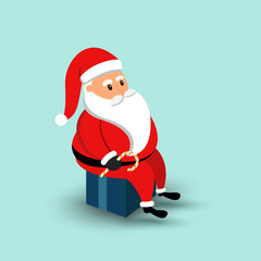 Cartoon Santa Claus sitting on a gift box. Vector illustration
