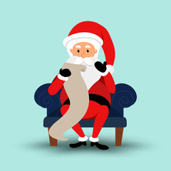 Cartoon Santa Claus sitting on a chair and read a long letter. Vector illustration