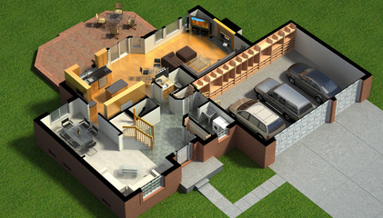 3D illustration of a furnished residential house isometric, with the first-floor plan, showing the living room, dining room, foyer, terrace and garage.