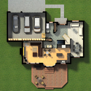 3D illustration of a furnished residential house, with the first-floor plan, showing the living room, dining room, foyer, terrace and garage 