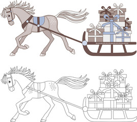 horse driven sleigh with gifts, coloring and color image