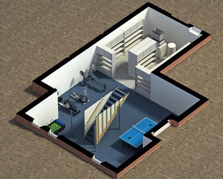 3D illustration of a furnished residential house, with the basement isometric, showing a stair, storage, exercise and entertainment area.