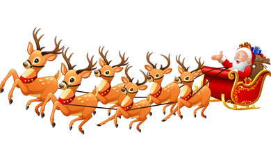 Santa Claus rides reindeer sleigh on Christmas