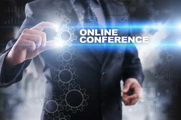Businessman selecting online conference on virtual screen.
