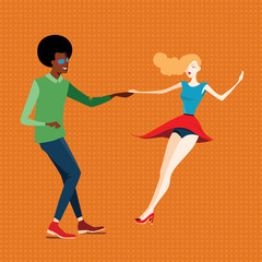 Young couple dancing lindy hop on an orange background, vector illustration in a flat style