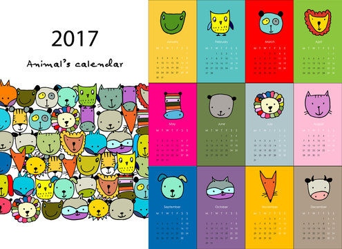 Funny animals, calendar 2017 design