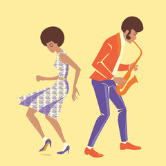 vector illustration of a musician and a dancer in retro style