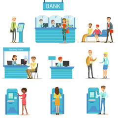 Obraz premium Bank Service Professionals And Clients Different Financial Affairs Consultancy, ATM Cash Manipulation Other Business Set Of Illustrations