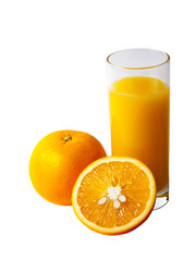 Orange juice and oranges  isolated on white background