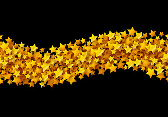 Golden stars glitter scattered on black in celebration card