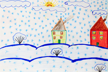 Children's drawing of houses standing on the snowy hills and snowfall