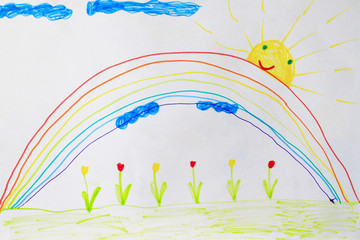 Fototapeta na wymiar Childish drawing of flowers and rainbow