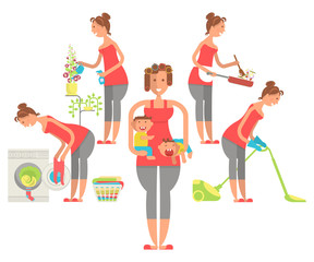 Set of housewife in funny cartoon style for infographic. Homemaker is cleaning, ironing, cooking, wash and child rearing vector illustration.