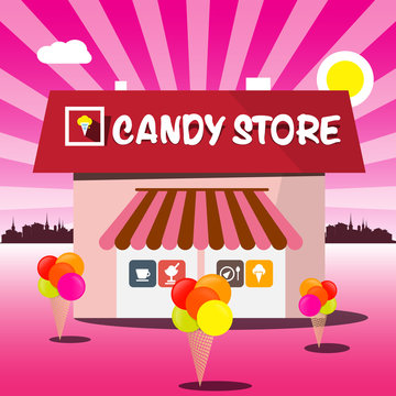 Candy Store Vector Pink Cartoon. Shop with Ice Creams and Abstract City on Background.