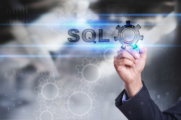 Businessman is drawing on virtual screen. php concept