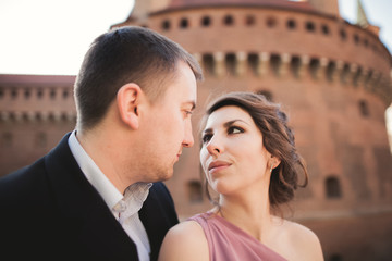 Happy wedding couple, groom, bride with pink dress hugging and smiling each other on the background walls in castle