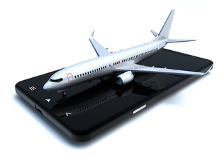 3D illustration of a plane on a mobile device representing online flight booking

