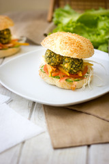 Falafel burger. Nice vegetarian burger with fresh vegetables and falafel