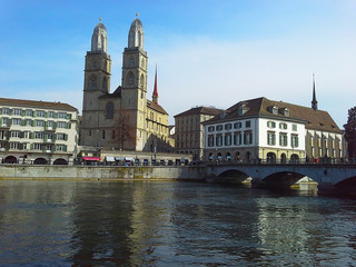 Fototapeta premium View of historic Zurich city center with famous Fraumunster Church, Limmat river and Zurich lake, Zurich, Switzerland