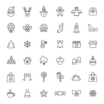 christmas xmas new year winter celebration decoration symbol vector outline thin line black on white background icons set