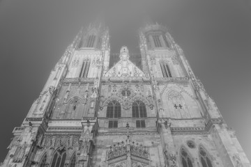 Nachtaufnahme des Regensburger Dom St. Peter im Nebel