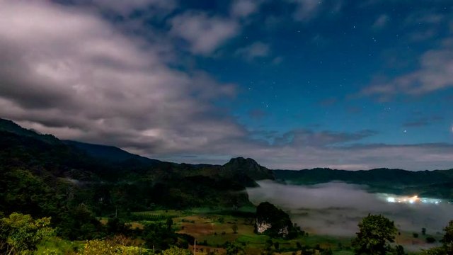 (4k) Time lapse, Landscape of Night  Mist with Mountain Layer at Phu Lanka National Park, Phayao province, north of Thailand.