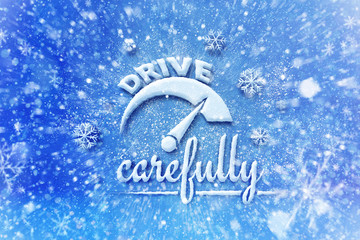 Drive carefully with car symbol, snow automotive graphic background, driving winter background - 127426104