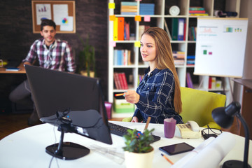 Couple of web designers working together at modern office