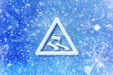 Winter snow slide warning symbol, snow automotive grahic slide background, driving winter background - 127426305