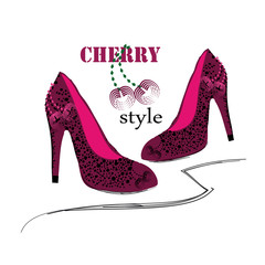 High heel pink and burgundy shoes with cherry pattern