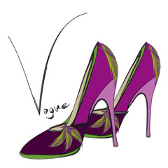 High heel purple shoes with green flower.