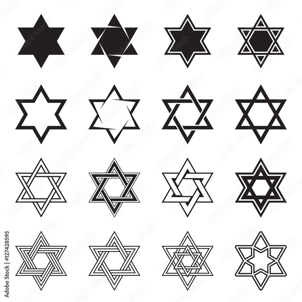 Wall mural six-pointed star icons. collection of 16 hexagram symbols isolated on a white background. star of da