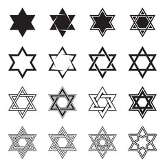 Six-pointed star icons. Collection of 16 hexagram symbols isolated on a white background. Star of David icons. Vector illustration