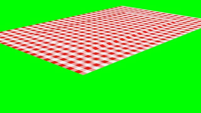Rectangular tablecloth with red checkered pattern, diagonal view, 3D animation with green screen