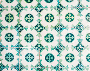 Green azulejos, old tiles in the Old Town of Lisbon, Portugal.
