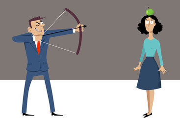 Misogynistic businessman with a bow and arrow aiming at a woman who is holding an apple on her head, EPS 8 vector illustration 