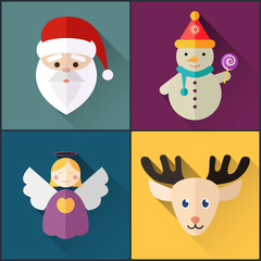 new year icon pack included christmas snowman, angel, santa, deer. Flat Design Style