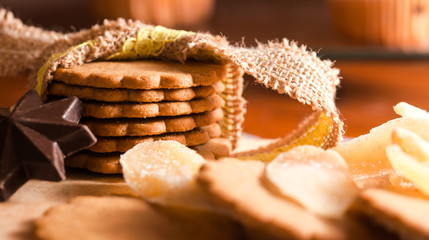 close up of christmas homemade cookies and candied ginger