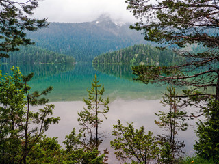 Reflection of pine-fir forest on the mountain lake at the clouds weather