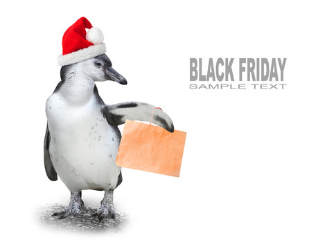 Funny penguin with santa's cap and shopping bag going to supermarket in Black Friday for low cost shopping.