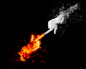 Red fire and white ice as human hands