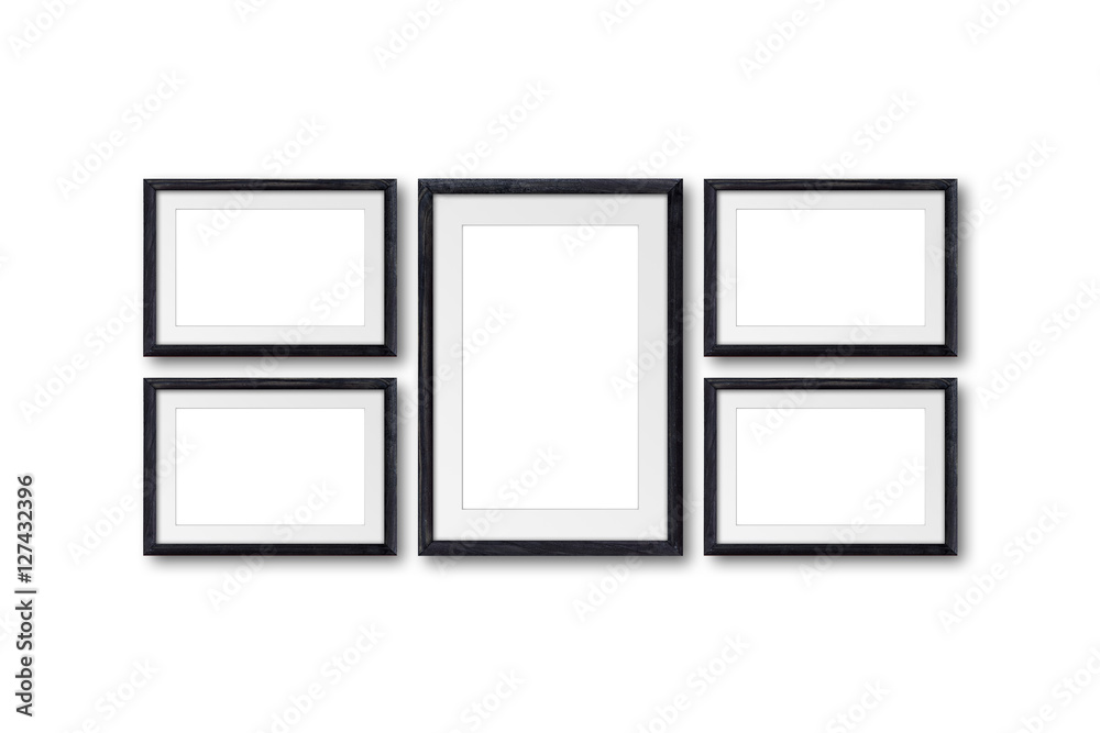 Wall mural collage of five black natural wooden photo frames on wall, interior decor mock up