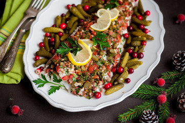 Tomato, Herb, Nut and Gherkin Cod Fish
