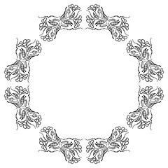 Round black and white frame with decorative flowers. Copy space. Vector clip art
