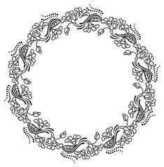 Round black and white frame outline decorative flowers. Copy space. 