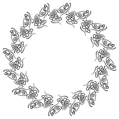 Round black and white frame outline decorative flowers. Copy space. 