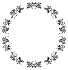 Round black and white frame outline decorative flowers. Copy space.